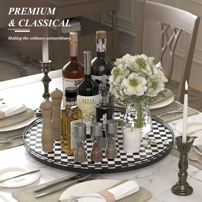 AMH 21-Inch Black and White Checkerboard Lazy Susan Decorative Tray | Smooth rotating oak tray with walnut finish for dining tables, kitchen counters, pantries and cabinet storage. - Image 3
