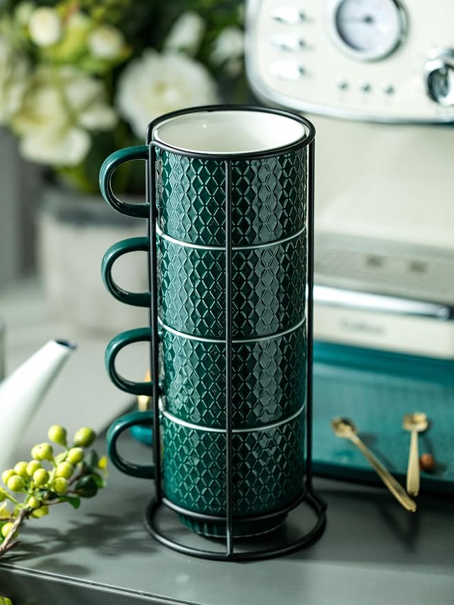 LYEOBOH Coffee Mug Set Porcelain Stackable Coffee Mugs with Stand and Spoons, 13 OZ. Cappuccino Cup Demitasse Cups for Drinks, Espresso, Latte,Set of 4, Dark Green - Image 5