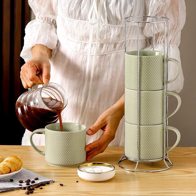 HASENSE Coffee Mugs Set with rack, 15 Ounce Porcelain Stackable Large Coffee Cups Set of 4 with handle for Drinks Like Tea, Cappuccino, Milk, Mocha and Cereal, Microwave & Dishwasher Safe, Green - Image 5