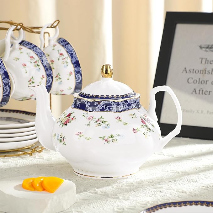 fanquare Bone China Tea Sets for Adults, 21-Piece Blue Lace and Roses Porcelain Tea Service with Sugar Bowl & Creamer, English Cremic Floral Teacups Set of 6 for Women Tea Party | Porcelain Tea Service with Sugar Bowl and Creamer, English Floral Cerami... - Image 2