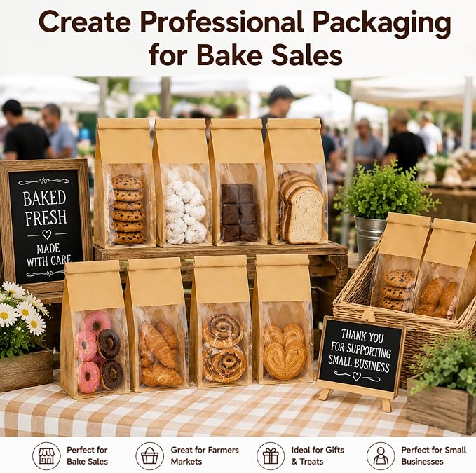 Kraft Bakery Bags with Window & Tin Tie, Stand Up Bread Bags | Window Paper Bags for Homemade Bread, Cookies, Pastries & Treats, Grease Resistant Packaging for Bake Sale, Bakery & Gifts - Image 6