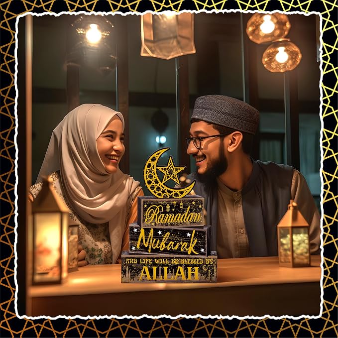 Moucuny 4 Pcs Ramadan Mubarak Table Decor Wooden Eid Mubarak Tabletop Signs for Home Black and Gold Muslim Islam Ramadan Mubarak Centerpiece for Islamic Gifts Kareem Home Table Decor - Image 6