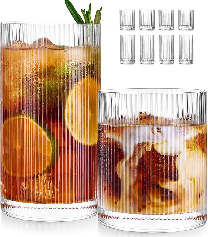 Ribbed Drinking Glasses Cups Set of 8 Large Capacity Highball 17oz&12oz | Rocks Cocktail Glasses Ideal for Beer, Juice, Water, Ice Coffee Cup, Whiskey, Mixed Drinkware by Potdoctor