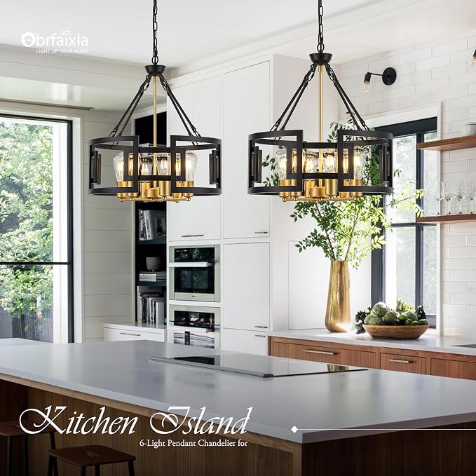 Modern 19.7" Black Gold Chandelier for Dining Room Industrial Vintage Semi Flush Mount 6-Light Round Pendant Ceiling Light Fixture for Kitchen Bedroom Living Room Hallway Entryway Foyer - Image 4