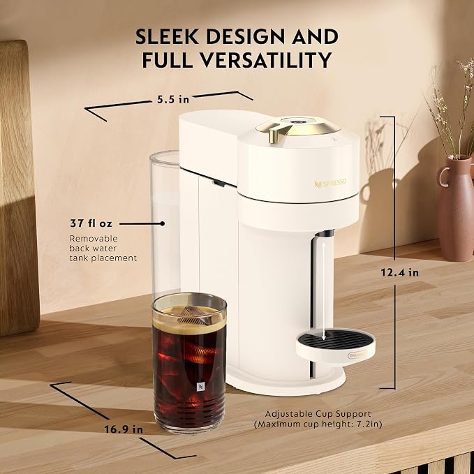 Nespresso Vertuo Next Coffee and Espresso Maker by De'Longhi, Creamy White and Gold | Creamy white and gold coffee machine with slim, sustainable design. Brews 6 cup sizes, espresso to 18 oz., topped with crema. - Image 2