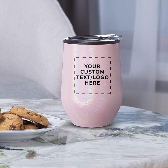 Custom Palmera Stemless Wine Tumblers with Lids 12 oz. Set of 24, Personalized Bulk Pack - Perfect for Wine, Cocktails, Other Hot & Cold Beverages - Iridescent Pink