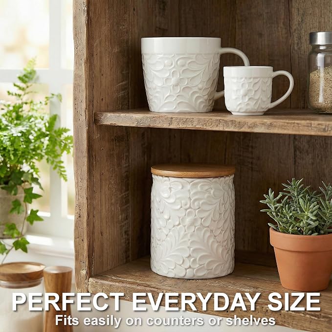 Small Engraved Ceramic Kitchen Canister - Storage Jars with Airtight Lids Made from Bamboo with Nature-Inspired Engraving - Use as a Pasta Holder, Coffee Ground Holder, Rice Container - 30 Ounces - Image 6