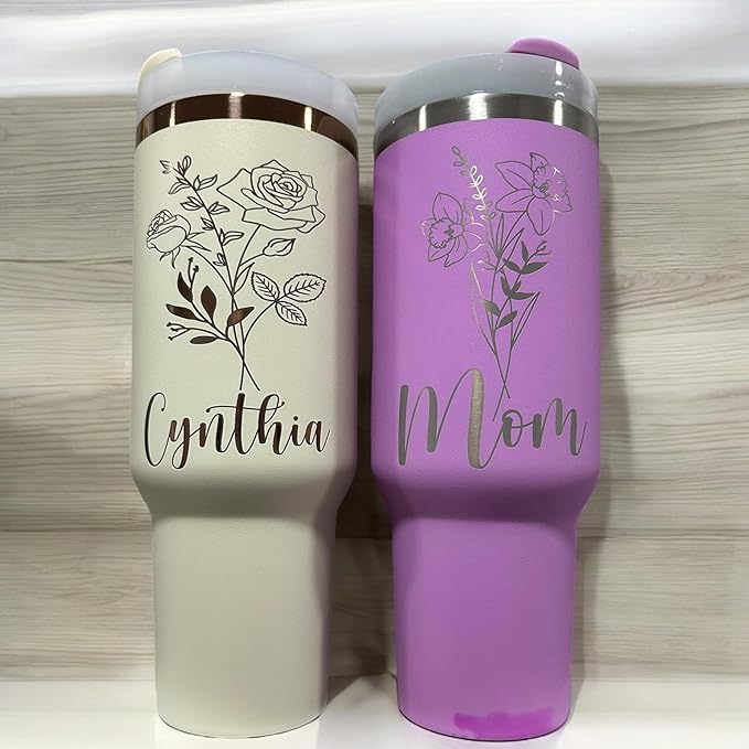 Western Engraved 40oz Tumbler, Tumbler with handle, Cowgirl Tumbler, Country Mug with Handle (Birth flower)