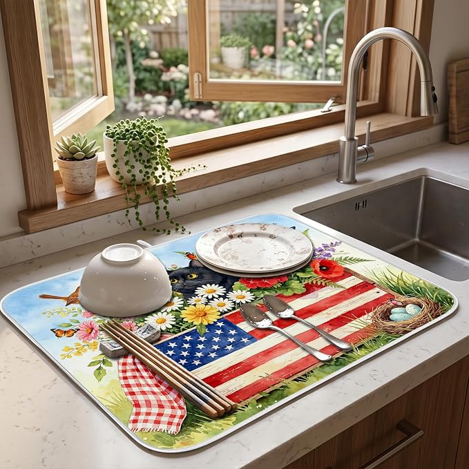 Patriotic Cats Dish Drying Mat for Kitchen Counter Coffee Bar 18x24 in | Decorative Non Slip Absorbent Kitchen Dishes Drainer Mat, with Anti-slip Rubber Backing & Hanging Loop, for Sink, Home Gift - Image 8