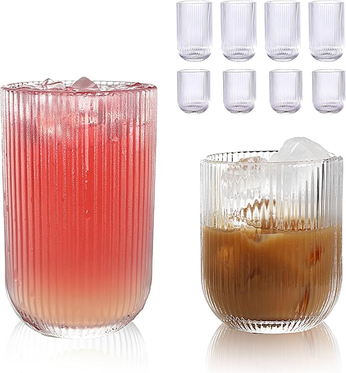 Set of 8 Ribbed Glassware,4 Highball Glasses 14oz & 4 Rocks Drinking Glasses 9oz, Clear, Origami Style, Fluted Design, for Milk, Water, Cocktail, Juice, Beer, ToothBrush Cup, Gift by WeirdUncle