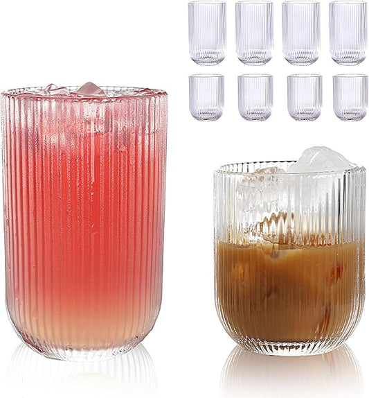 Set of 8 Ribbed Glassware,4 Highball Glasses 14oz & 4 Rocks Drinking Glasses 9oz, Clear, Origami Style, Fluted Design, for Milk, Water, Cocktail, Juice, Beer, ToothBrush Cup, Gift by WeirdUncle