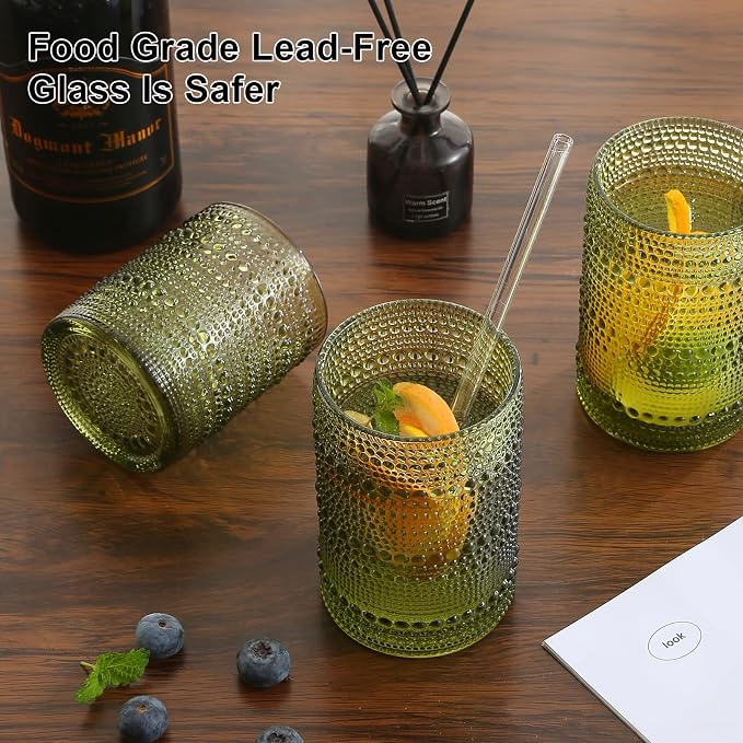 ZMOWIPDL Drinking Glasses Set of 12,Green 12oz & 15oz Hobnail Glass Cups | Vintage Glassware，Embossed Water Tumbler,for Beer,Cocktail,Whiskey,Juice and Various Mixed Drinks- 1 Cleaning Brush - Image 4