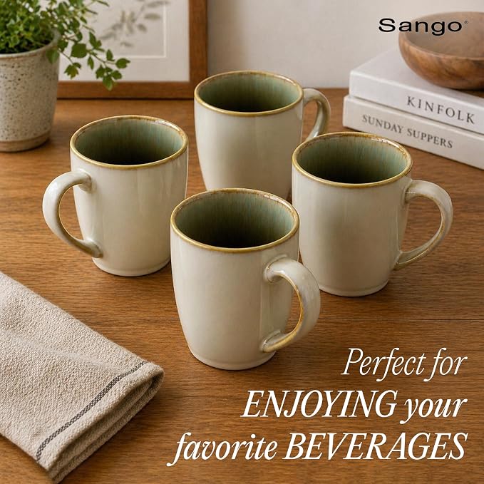 SANGO Resona Moss Stoneware Heat Resistant Coffee Mugs, Microwave and Oven Safe, 12 oz, White, 4 Count - Image 6