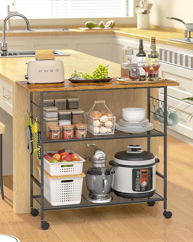 Kitchen Island with 3 Shelves, Rolling Kitchen Cart with 6 Hooks and Protective Shelf, Microwave Stand on Lockable Wheels, Bakers Rack Coffee Bar for Dining, Living Room, Outdoor, Metal Frame - Image 8