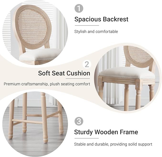 French Country Barstool, Linen Farmhouse Counter Height Chair | Set of 6, with Rattan Round Back and Solid Wood Legs, Oval Chairs for Restaurant, Bar, Kitchen, Café, Beige - Image 5