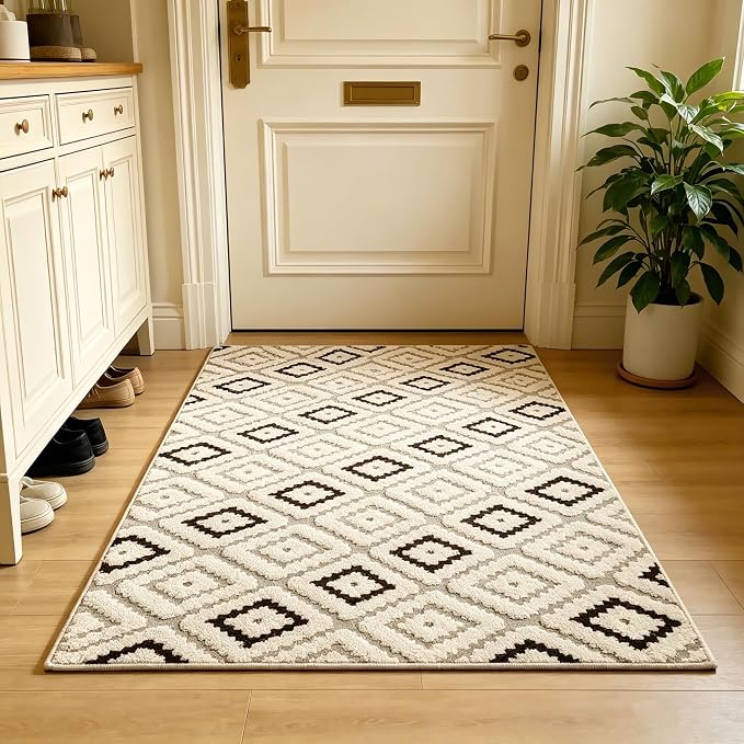 Entrance Mat 3'x5', Geometric Boho Indoor Doormat for Porch, Diamond | Soft Cozy Fluffy Mid Pile Machine Washable Non Slip Accent Rug for Entryway Front Door Sink Indoor Entrance Bathroom by Ukeler
