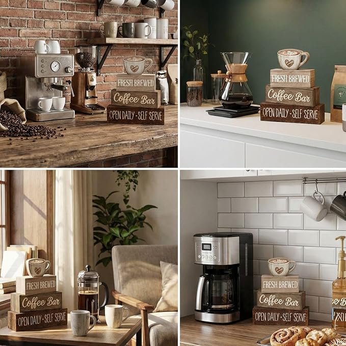 Moucuny 4 Pcs Farmhouse Coffee Bar Signs Decor Wooden Cup Rise & Shine It's Coffee Time Rustic Wood Cafe Sign Gift for Home Kitchen Tabletop Decor - Image 9