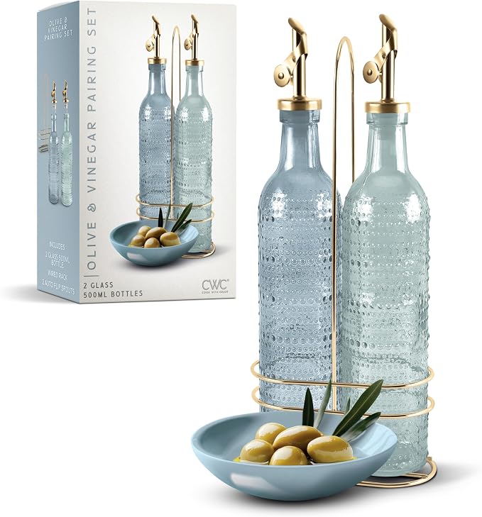 COOK WITH COLOR Glass Olive Oil Bottle Dispenser - 2 Pack- 17oz Oil and Vinegar Cruet - Olive Oil Carafe Decanter for Kitchen, Champagne Bubbles, Blue by CookwithColor