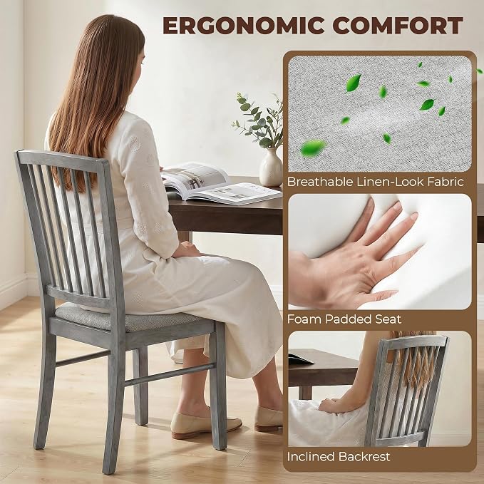 HOMCOM Farmhouse Dining Chairs Set of 2 Rubberwood Legs, Rustic Gray | Upholstered Linen Fabric, Kitchen Chairs, for Kitchen, Dining Room - Image 5