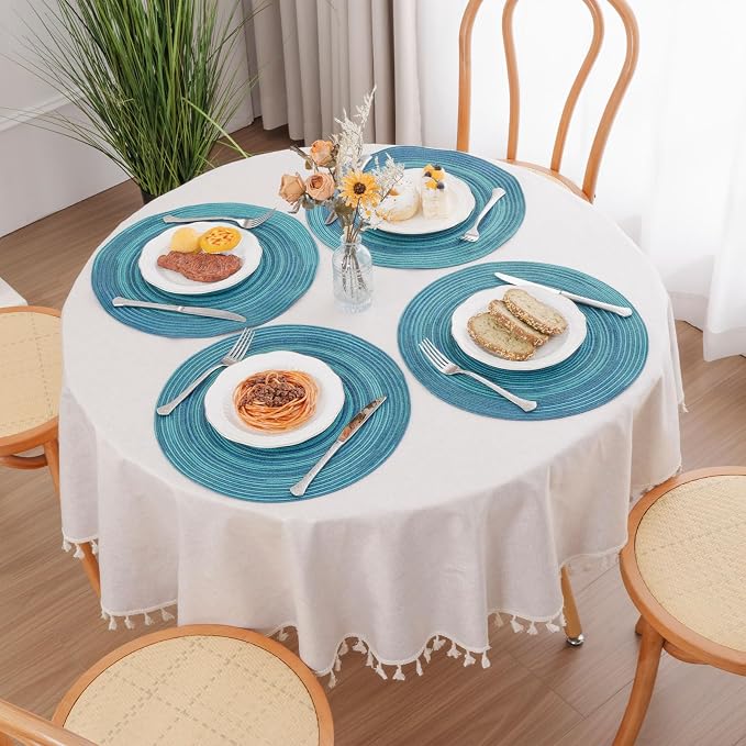 SHACOS 15 inch Round Placemats Set of 6 Variegated Multicolor Place Mats Cotton Polyester Braided Non Slip Washable Heat Resistant Table Mats for Home Wedding Dinner Party Table Decor, Rainbow Teal - Image 7