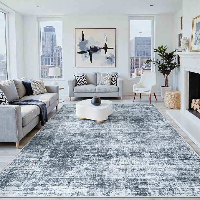 5x7 Area Rug for Living Room Bedroom: Non-Slip Modern Light Slate Blue | Machine Washable TPR Backing, Stain-Resistant Low Pile, Pet & Kid Friendly, Abstract Decor for Dining Room, Dorm, Home Office by Oriannal