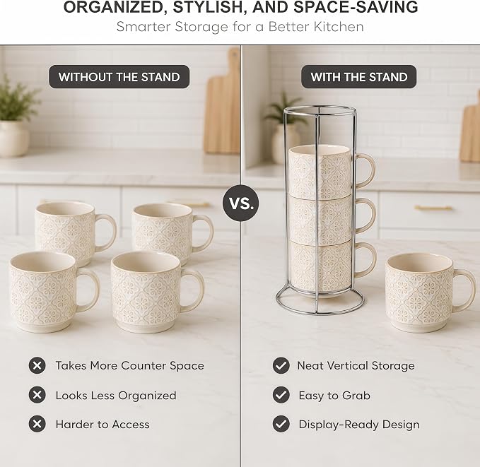 6 Oz Coffee Mugs with Stand, Stackable Coffee Cups Set of 4, Ceramic Espresso Cups, Embossed Cappuccino Cups for Latte, Cocoa, Mocha, Tea, Housewarming Wedding Present, Dishwasher Safe - Image 7