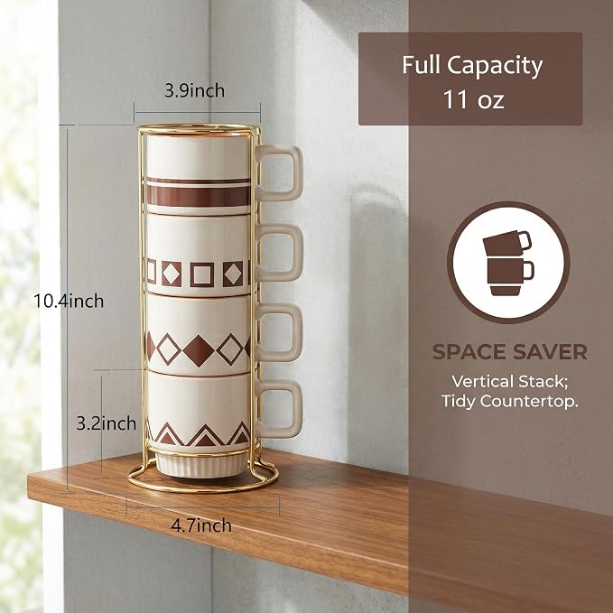 Stackable Coffee Mug Sets of 4 with Rack Tea Cup Set with Spoon 11oz for Coffee, Tea, Cocoa, Cappuccino, Hot Chocolate Ceramic Espresso Cups with Coffee Cup Holder, theme of Geometric - Image 3