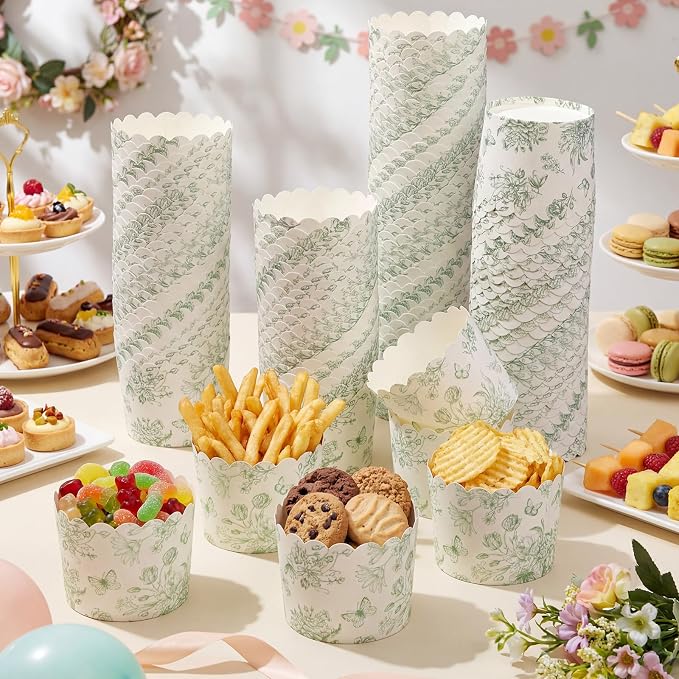 Qinyoung 150 Pcs Sage Green Floral Cupcake Wrappers Liners Chinoiserie Green Wildflower Paper Baking Cups Cupcake Disposable Cottagecore Muffin Cases for Wedding Baby Shower Birthday Tea Party Decor - Image 7