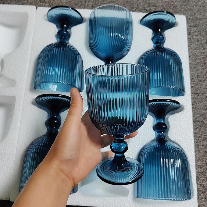 Taganov Blue Glasses Drinking Water Goblets set of 6 Big Vintage Glassware 13oz Colored Wine Glasses for Wedding Party Bar Vertical Line Embossed Pattern Stemmed Cups 400ml - Image 7