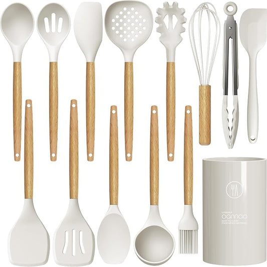 oannao Silicone Cooking Utensils Set - 446°F Heat Resistant Silicone Kitchen Utensils for Cooking,Kitchen Utensil Spatula Set w Wooden Handles for Non-Stick Cookware, BPA FREE (Cream White) by oannao