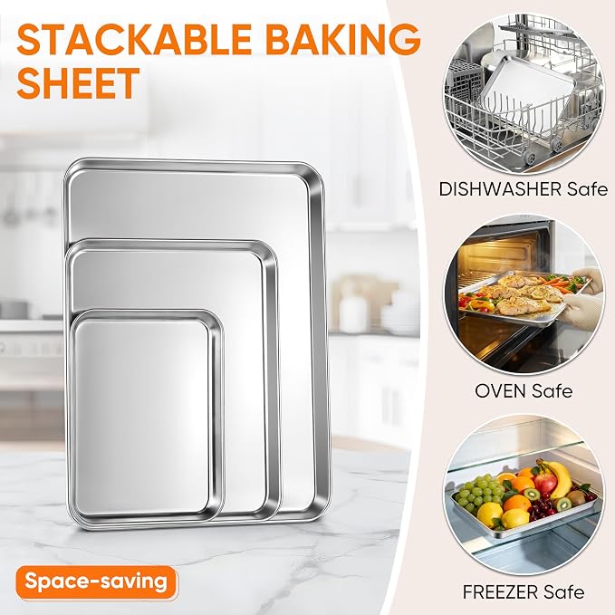 LIANYU Stainless Steel Baking Sheets, 16/12.4/9.2In Cookie Sheet Pan 3Pack | Jelly Roll/ Quarter Sheet/ Eighth Sheet, Toaster Oven Pan Cookie Baking Tray, Non Toxic, Heavy Duty, Dishwasher Safe - Image 5