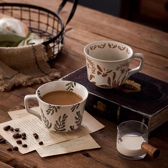12 oz Vintage Ceramic Coffee Mug Set of 4 - Handmade Stoneware Pottery Countryside Farmhouse Fall Autumn Tea Mugs with Big Handle for Latte,Cocoa,Dishwasher & Microwave Safe Cups (Plants) - Image 9