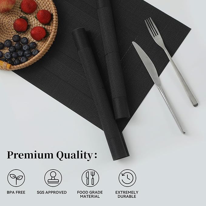 Leetaltree Black Frame Placemats Set of 4 - Heat Resistant Non-Slip Place mats for Dining Table, Washable Durable PVC Vinyl Woven Table Mats（Black Frame, 4） - Image 2