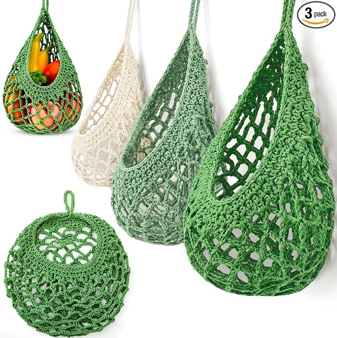 Honeydak Boho Decor Hanging Wall Baskets for Kitchen 3 Pack Teardrop Baskets with Hooks Storage Fruit Onion Vegetable Potato for Home 3 Sizes(Spring Color,Crochet,Cotton Rope) by Honeydak