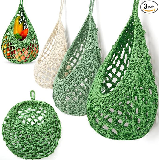 Honeydak Boho Decor Hanging Wall Baskets for Kitchen 3 Pack Teardrop Baskets with Hooks Storage Fruit Onion Vegetable Potato for Home 3 Sizes(Spring Color,Crochet,Cotton Rope) by Honeydak