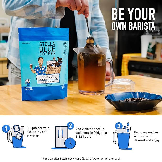 Stella Blue Cold Brew Coffee Bags, Miss Peaches Blend, Medium Roast Ground Coffee, Smooth, Bold and Refreshing 100% Arabica, 6 Brew Packets, Makes 24 Cups, Rainforest Alliance Certified