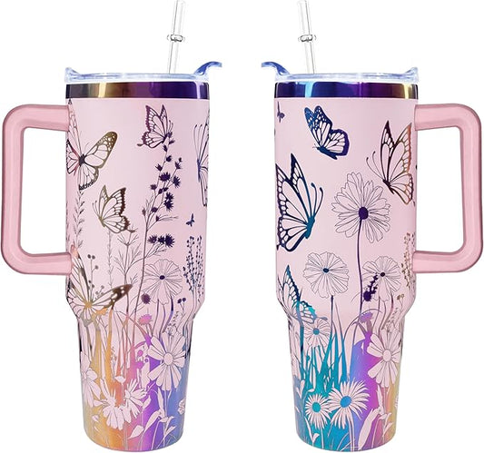 40 oz Butterfly Laser Engraving Tumbler With Handle With Lid Straw Double Insulated Travel Coffee Cup Butterfly Travel Accessories Must Have Gifts For Women