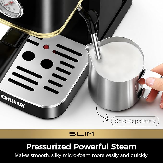 CHULUX Slim Espresso Machine with Milk Frother for Home Latte, Black & Gold | Precise Pressure Gauge, Food-Grade Materials, 20 Bar Italian Pump, Professional Temperature Control System, Stainless Steel - Image 3