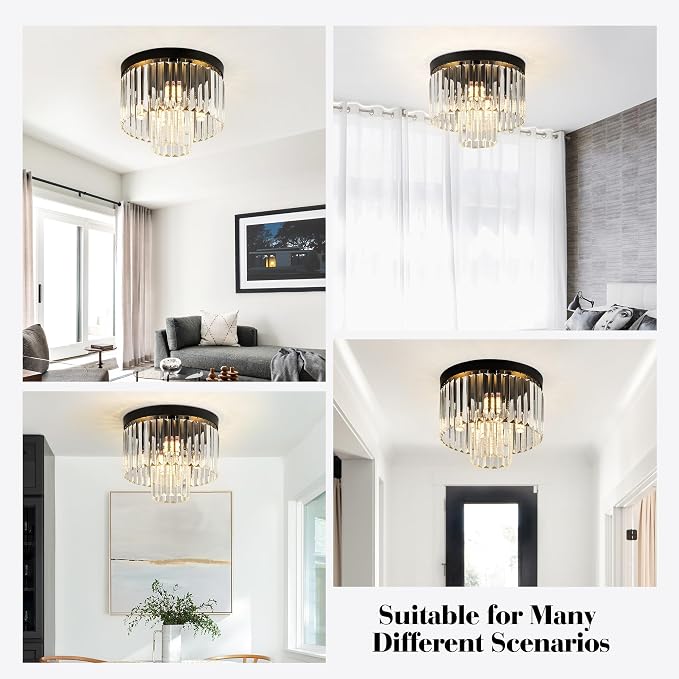 12.6" Black Crystal Ceiling Light 4-Light Modern Fixture 2-Tier Luxury K9 Crystal, for Dining Room Kitchen Island Living Room Bedroom - Image 9