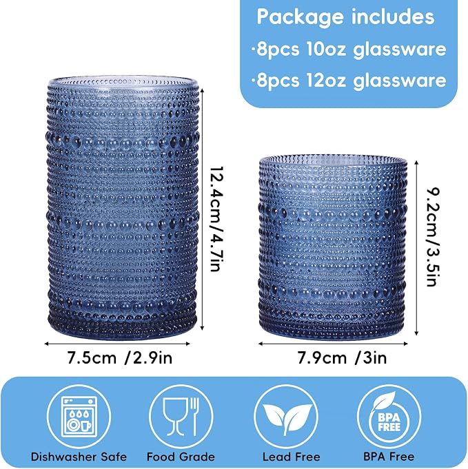 Moretoes Blue Hobnail Drinking Glasses Set of 16,Glass Cups | 12 Oz Highball Glasses & 10 Oz Cocktail Glasses, Kitchen Bar Tumbler Glassware Set for Whiskey, Beer, Juice, Milk - Image 3