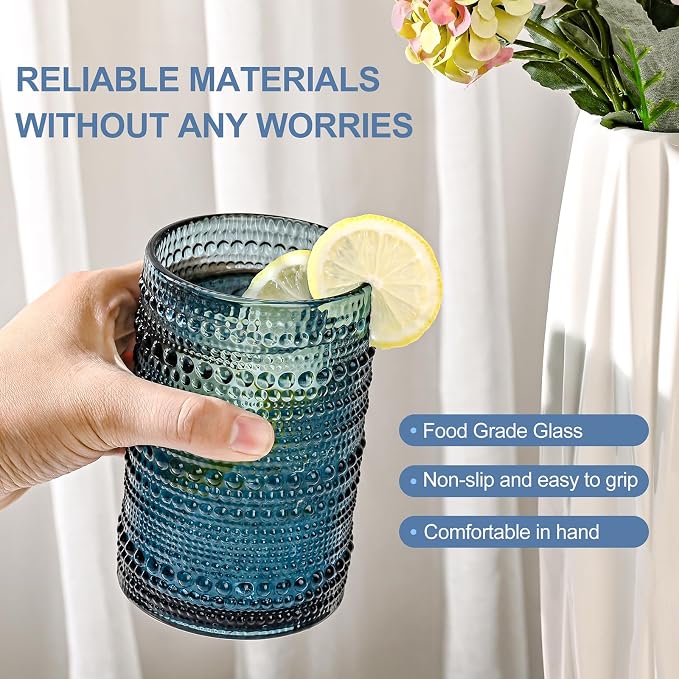 ZMOWIPDL Drinking Glasses Set of 6,15 oz Blue Hobnail Glass Cups | Vintage Glassware，Embossed Water Tumbler,for Beer,Cocktail,Whiskey,Juice and Various Mixed Drinks- 1 Cleaning Brush - Image 5