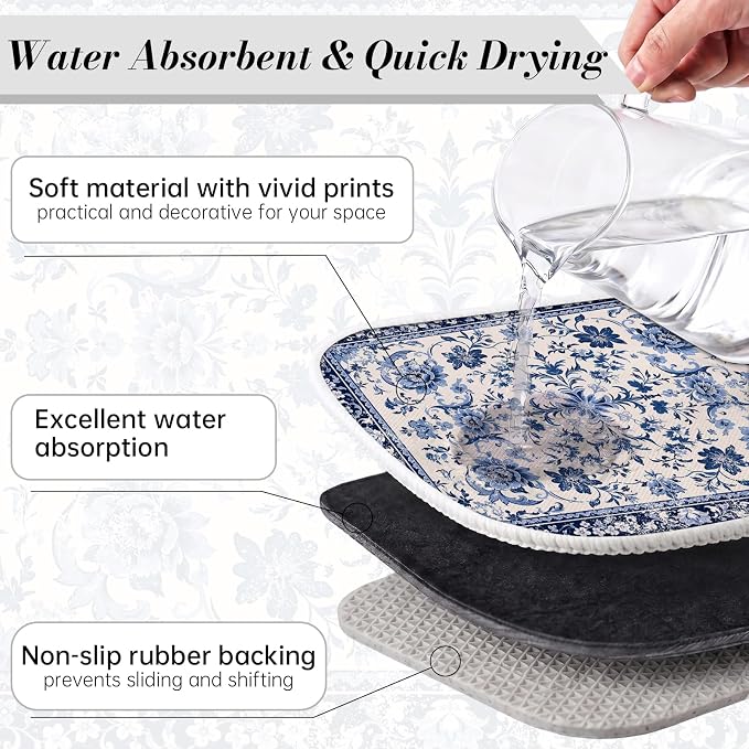 Chinoiserie Dish Drying Mat for Kitchen Coffee Bar 18x24 in Home Decor | Chinese Aesthetic Non Slip Absorbent Kitchen Dishes Drainer Mat, with Anti-slip Rubber Backing & Hanging Loop, for Sink - Image 4