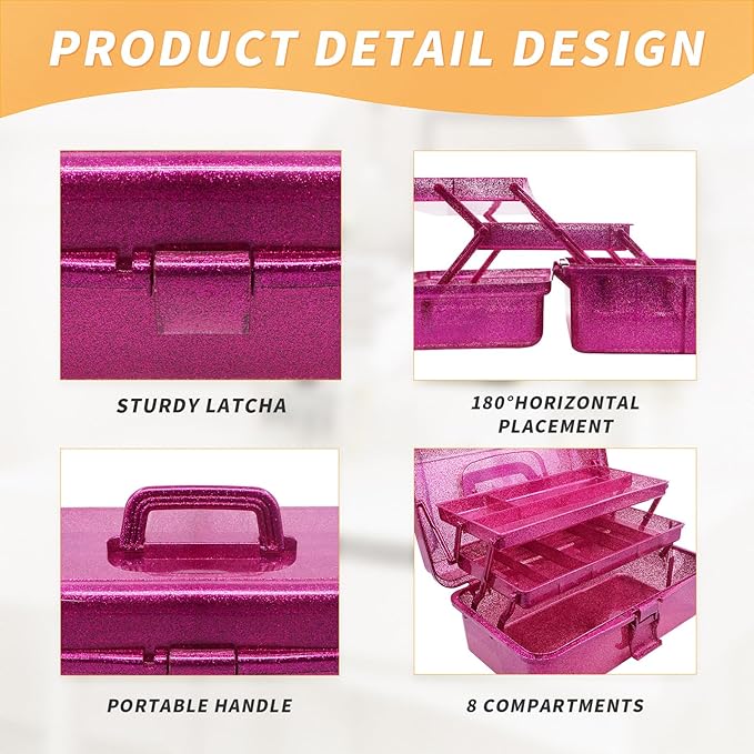 12.2inch 3-Layer Art & Craft Tool Storage Box, Beautiful Sewing Supplies Organizer, Plastic Portable Fishing Tackle Boxes, for Art Supply, Makeup, Hair Accessories,Painting Tools Container (Hot Pink)