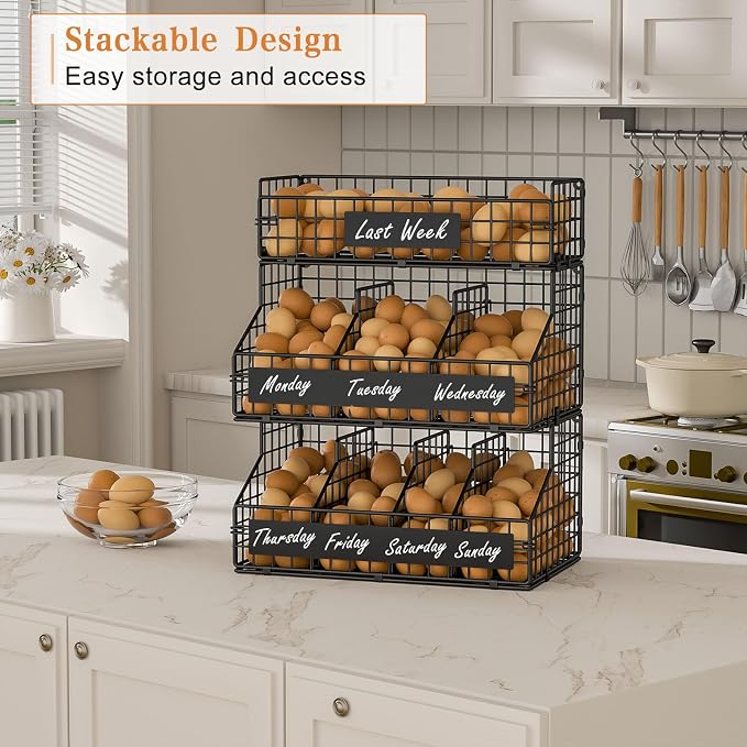 Egg Holder Countertop with 5 Dividers & DIY Nameplate to Separate Eggs | 3 Tier Stackable Wire Storage Baskets for Gathering Fresh Eggs, XXL Large Egg Rack, Wall-Mounted (Patent Pending) - Image 8