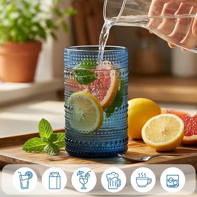 Moretoes Blue Hobnail Drinking Glasses Set of 6, Vintage Glass Cups | 12 Oz Highball Glasses & 10 Oz Cocktail Glasses Embossed Boho Kitchen Bar Tumbler Glassware for Whiskey Beer Juice Milk - Image 4