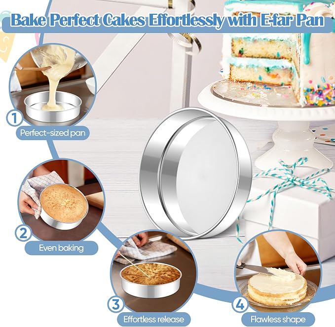 E-far 8 Inch Cake Pan Set of 2, Stainless Steel Round Baking Pans Tins Mold - Non-Toxic & Leak-Proof for Birthday Wedding Layer Tiered Cake, Easy Clean & Dishwasher Safe - Image 5