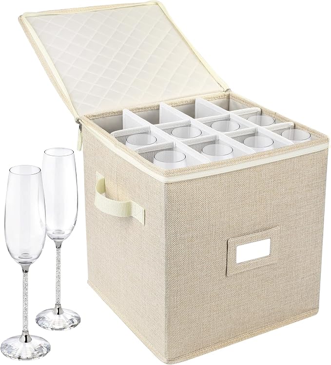 LotFancy Champagne Flute Storage Container for Moving, Hard Shell, Stackable 12" Tall Stemware Storage Box with Dividers & Handles, Wine Glass, Crystal Glassware, Drinkware Case, Beige by LotFancy