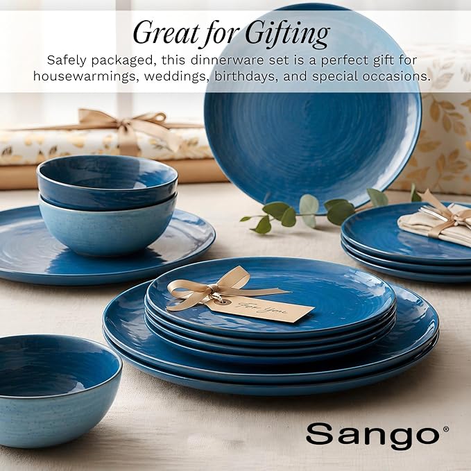 Sango Siterra Artist's Blend 16-Piece Stoneware Dinnerware Set – Service for 4, Ocean Blue Glossy Glaze with Unique Speckled Design, for Everyday Dining & Entertainment, Microwave & Dishwasher Safe - Image 6