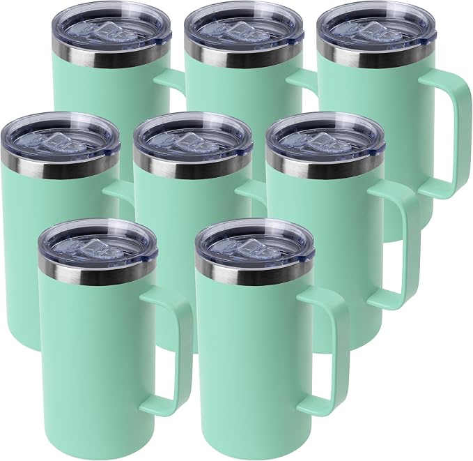 DOMICARE 24oz Mug with Handle and Lid, Stainless Steel Coffee Mug, Travel Mug with Handle, Double Wall Vacuum Coffee Tumbler, Reusable Insulated Cup, Mint Green, Pack 8 by VisittheDOMICARE