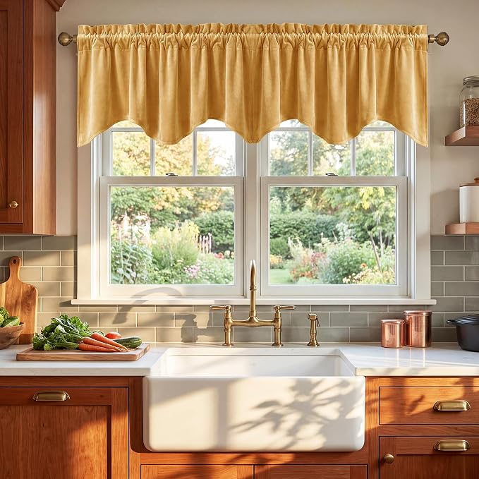 Yellowish Gold Autumn Velvet Valance 52x18 Inch 1 Panel | Fall Decor, Luxury Gold Wavy Window Treatments for Kitchen, Decorative Rod Pocket Short Drapes for Farmhouse by StangH